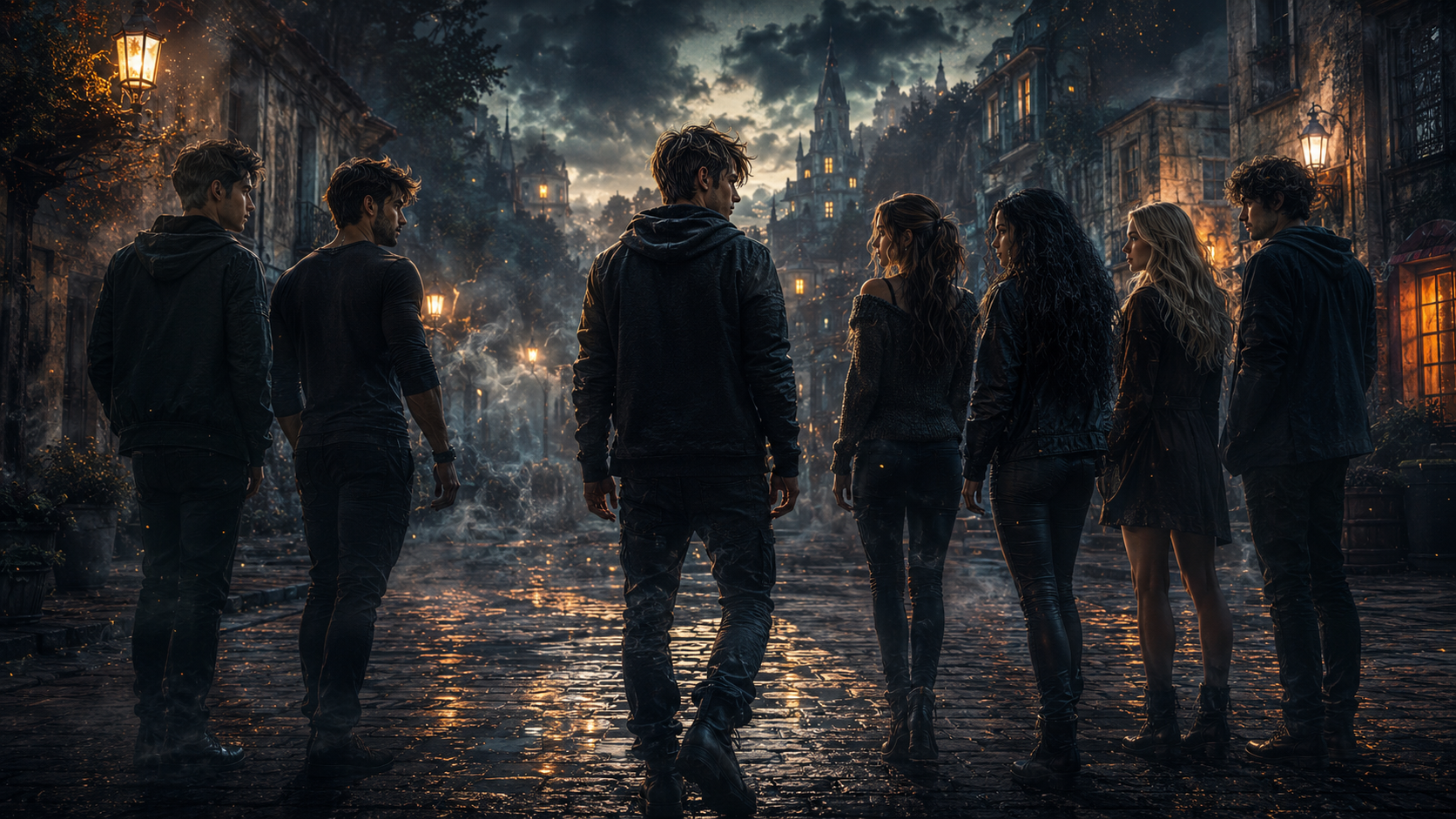 Groupe de personnages de L’Étreinte de l’Ombre dans une rue nocturne