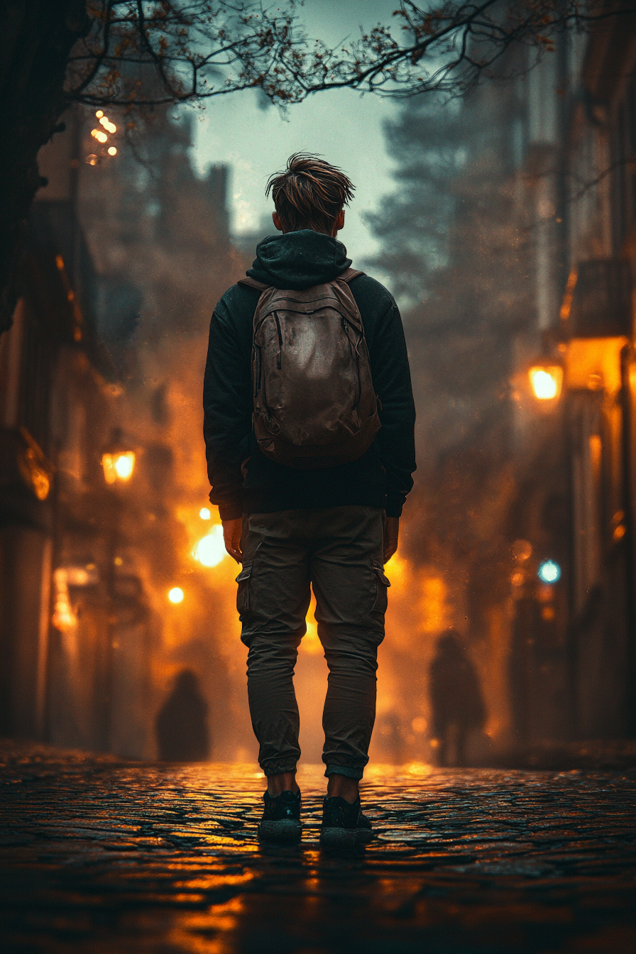 Nevio seul dans une rue embrumée