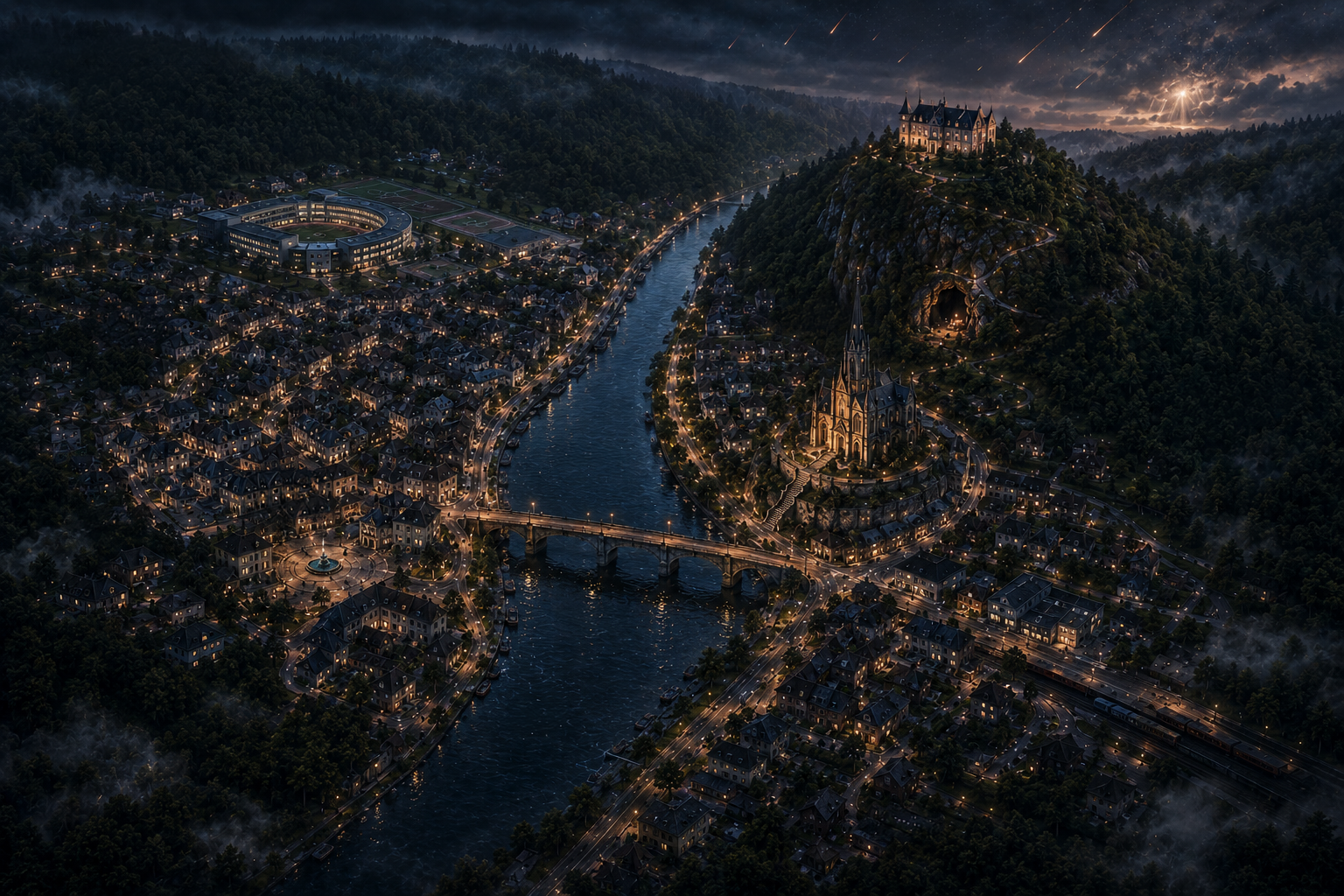 Vue aérienne de Pontebellusin, ville du roman L’Étreinte de l’Ombre