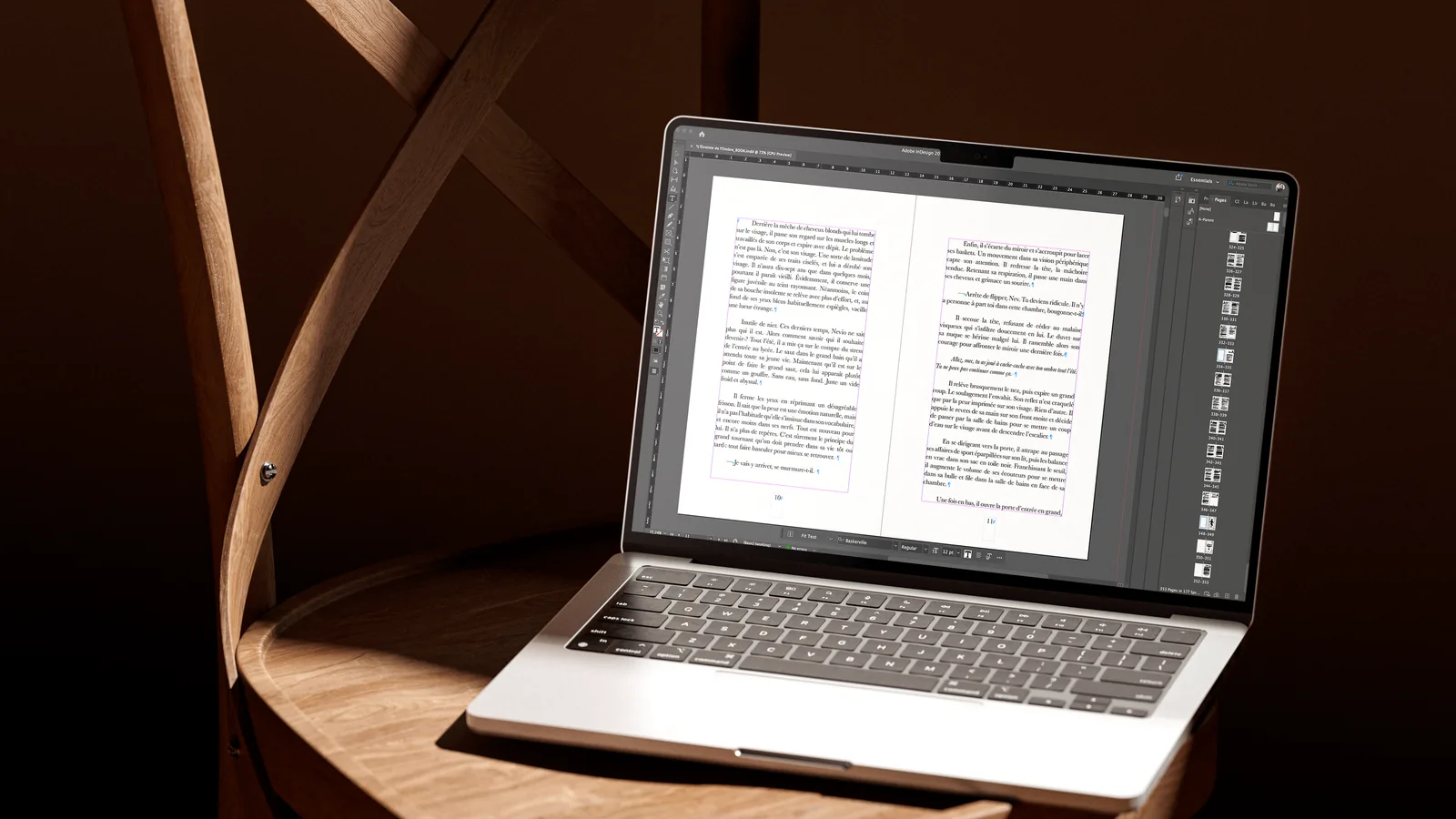 Mise en page intérieure de L'Étreinte de l'Ombre sous InDesign